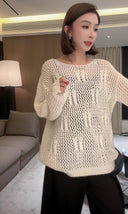 Sweater Rajut Leher Bulat Longgar Berlubang (Z1577)