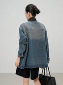 Distressed Contrast Collar Multi-Pocket Denim Jacket（Z3599）