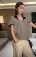Color-Block POLO Collar Knit Top（Z2044）