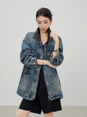 Distressed Contrast Collar Multi-Pocket Denim Jacket（Z3599）