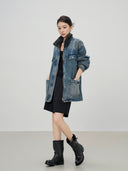 Distressed Contrast Collar Multi-Pocket Denim Jacket（Z3599）