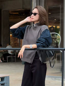 Stand-Collar Denim-Trim Knit Top（Z2614）