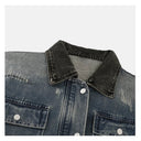 Distressed Contrast Collar Multi-Pocket Denim Jacket（Z3599）