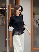 Bell Sleeve Pleated Mesh Ruffle Knit Top（Z3584）