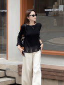 Bell Sleeve Pleated Mesh Ruffle Knit Top（Z3584）