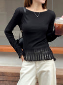 Bell Sleeve Pleated Mesh Ruffle Knit Top（Z3584）