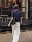 Áo Len Dệt Kim Ngắn Tay Cài Cúc Sau（Z3178）