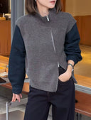 Stand-Collar Denim-Trim Knit Top（Z2614）