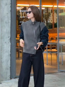 Stand-Collar Denim-Trim Knit Top（Z2614）