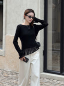 Bell Sleeve Pleated Mesh Ruffle Knit Top（Z3584）