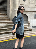 Distressed Contrast Collar Multi-Pocket Denim Jacket（Z3599）
