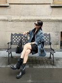 Distressed Contrast Collar Multi-Pocket Denim Jacket（Z3599）