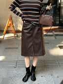 Faux Leather Slit Midi Skirt（Z3634）