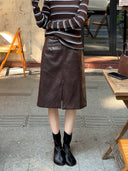 Faux Leather Slit Midi Skirt（Z3634）