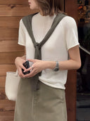 เสื้อคอวีคอกรอบแขนสั้นถักขอบม้วน (Z3121)