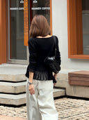 Bell Sleeve Pleated Mesh Ruffle Knit Top（Z3584）