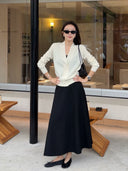 Elegant Drapey Black Midi Skirt（Z3639）