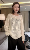 Hollow-Out Loose Round-Neck Knit Sweater (Z1577)